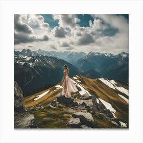 Girl Standing On Top Of A Mountain Canvas Print