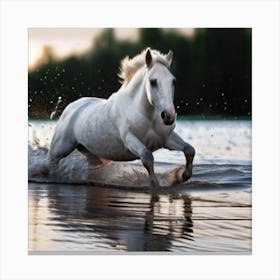 White Horse Running In Water 5 Canvas Print