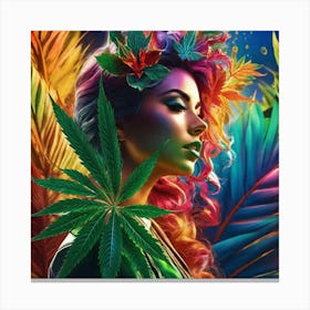 Colorful Girl With Marijuana Leaves Canvas Print