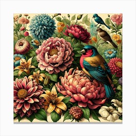 Flowers And Birds Art Print Canvas Print