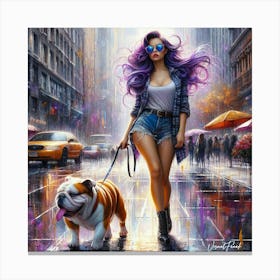 Girl Walking An English Bulldog Canvas Print