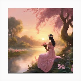 Sunset Serenity Woman By The River In A Pink Dress (6) Canvas Print