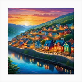 Twilight Village by Waterside of A Calm River Canvas Print