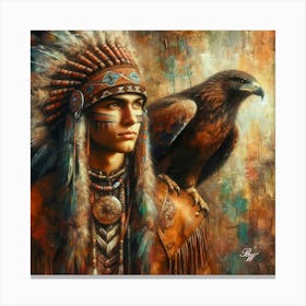 Oil Texture Young Native American Indian With Hawk 3 Canvas Print