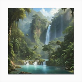 Waterfall In The Jungle paintings art print 5 Canvas Print