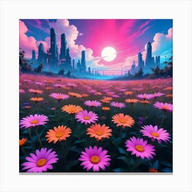 Cyberpunk Colorful Field Of Vibrant Pink Flowers Canvas Print