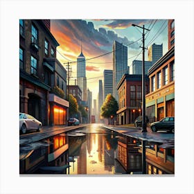 City Street With Reflections In Puddles 1 Canvas Print