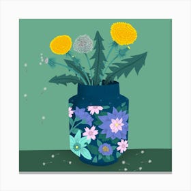 Dandelion Flowers In A Blue Decorated Vase Canvas Print