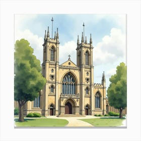 Watercolor Painting Of The Christ Church Cathedral In Oxford, Showcasing Its Grand Structure And Serene Setting Canvas Print