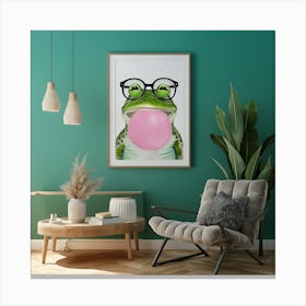 Frog With Big Bubblegum And Glasses Animal Art 1 Canvas Print