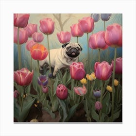 Pug In Pink Tulips Canvas Print