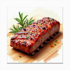 Watercolor Art Of A Tender And Juicy Bbq Ribs On A Fine Dining Table Canvas Print