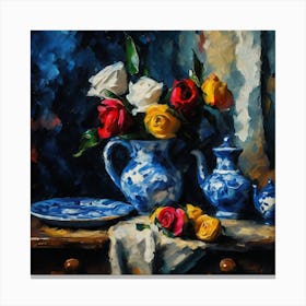 Blue Pottery and Vibrant Rose Flowers Canvas Print