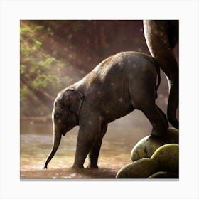 Baby Elephant In Water Canvas Print