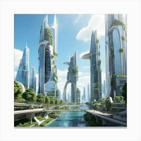 a futuristic cityscape that blends sleek skyscrapers with lush greenery, soaring bridges, and cascading waterfalls Canvas Print