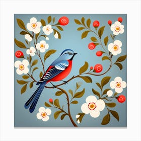 Scandinavian Rosemaling, Bird On a Branch, folk art, 112 Canvas Print