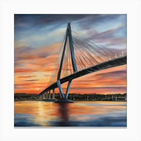 Sunset over the Arthur Ravenel Jr. Bridge in Charleston. Blue water and sunset reflections on the water. Oil colors.2 Canvas Print