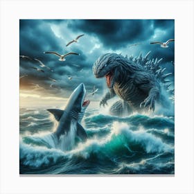 Godzilla Vs Shark 3 Canvas Print