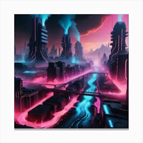 Cyberpunk industrial city with lava and river 2 Canvas Print