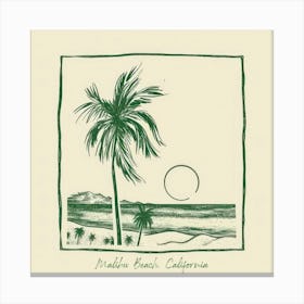 Malibu Beach, California Green Line Art Illustration Canvas Print