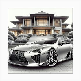 A Pencil Drawing Of A Lexus LFA In Front Of A Beautiful Modern Mansion 1 Canvas Print