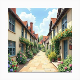 An English Street With Period Architecture And Colorful Flowers, Watercolor 1 Canvas Print