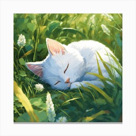 White Cat Sleeping In The Grass Canvas Print