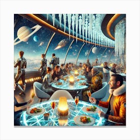 A Futuristic Dining Scene At The Cryo Forge Bistro Canvas Print