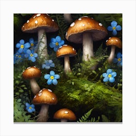 Miniature Ferns, Toadstools and Blue Forget-me-nots Canvas Print