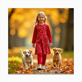 Little Girl With Dogs In Autumn 2 Canvas Print