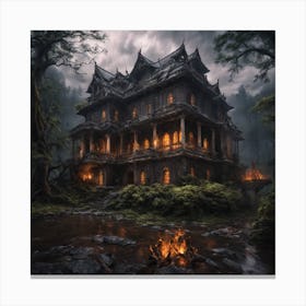 An Abandoned Large Palace In The Midst Of A Dark Forest With Eerie Rainy Weather And The Predomin (4) Canvas Print