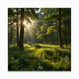 A Serene Landscape With Lush Green Trees Swaying Gently In The Breeze, A Vibrant Forest Floor Covered With Wildflowers Canvas Print