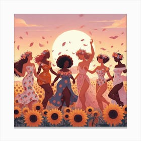 Women Dancing In The Sunflower Field Canvas Print