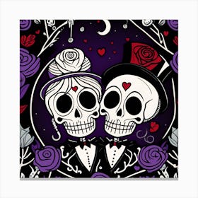 Day Of The Dead Skulls purple and red whimsical minimalistic line art Canvas Print