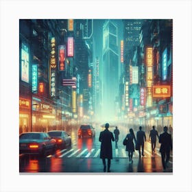 A Cyberpunk City Street Scene with People Crossing the Road in the Rain While Cars Drive By and Neon Lights Glow in the Background Canvas Print