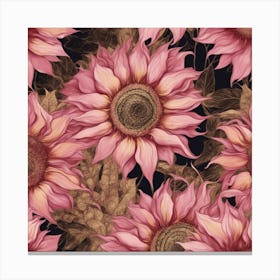 Seamless Pattern Of Elegant Sunflower Floral Motifs In Pink, Adorned With Gold Lines 1 Canvas Print