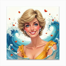 Princess Diana Smiling Amidst Colorful Watercolor Waves And Flower Petals 1 Canvas Print