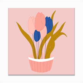 Pink And Blue Tulips In A Pot 2 Canvas Print