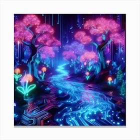 A Neon Lit Jungle With Glowing Flora And Fauna 2c Where The Trees Are Circuit Boards And The Rivers Flow With Liquid Light Canvas Print