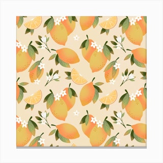 Summer Lemon Pattern Square Canvas Print