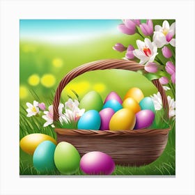 Easter Basket With Colorful Eggs Canvas Print