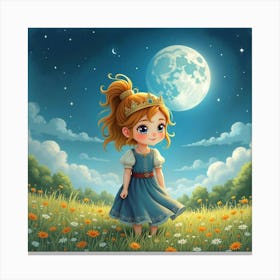 Watercolor Portrait Of Young Queen In A Peaceful, Moonlit Meadow Canvas Print