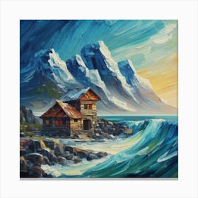 Acrylic and impasto pattern, mountain village, sea waves, log cabin, high definition, detailed geometric Canvas Print