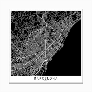 Barcelona Black And White Map Square Canvas Print
