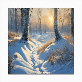 Woodland Track through the White Snow Canvas Print