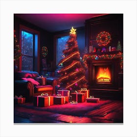 Christmas Presents Under Christmas Tree At Home Next To Fireplace Neon Ambiance Abstract Black Oil (7) Canvas Print
