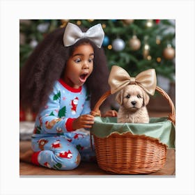 Little Girl With Puppy In Basket Canvas Print
