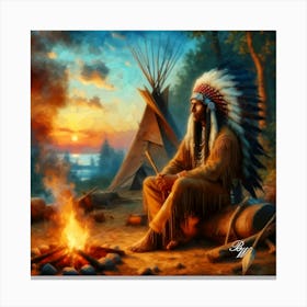 Oil Texture Native American Indian By A Campfire Copy Canvas Print