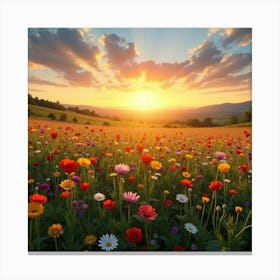 A Picturesque View Of A Field Of Colorful Wildflowers Under A Sunset Sky 3 Canvas Print