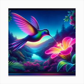 Color Hummingbird In High Definition In First Plane Sucking A Neon Flower Canvas Print